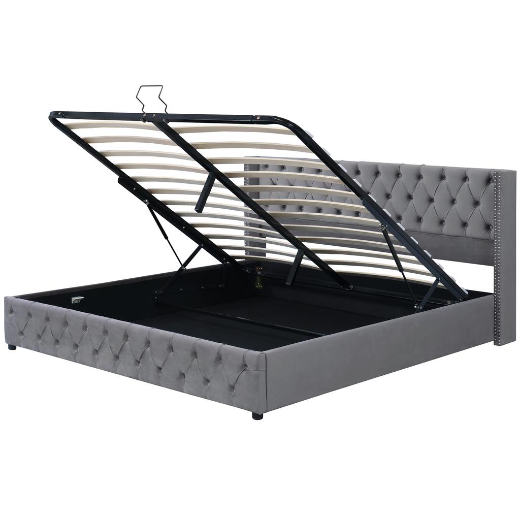 Upholstered Bed Wing Shape Double Rivet Flannel, Button Seams Head/Foot, 160*200 Hydraulic, Underside Dirt-Repellent Black Non-Woven Fabric, Grey