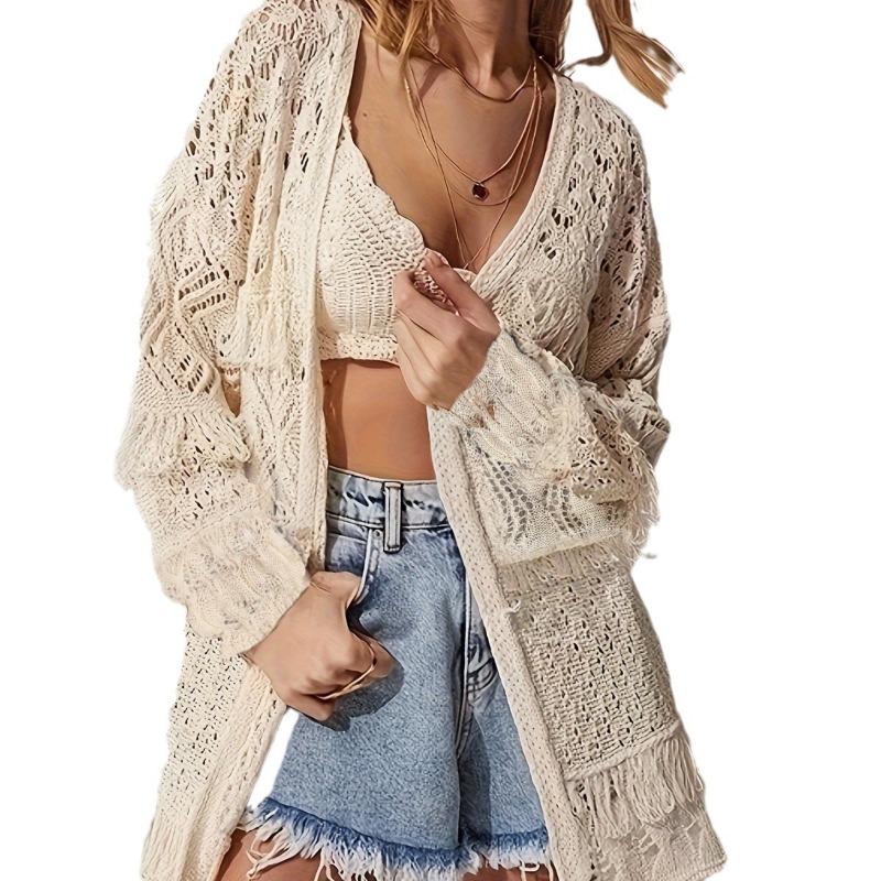 Women Loose Long Sleeve Hollow Out Knit Casual Open Cardigan Sweater