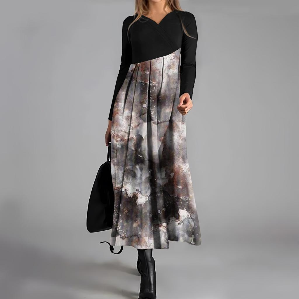 Women's Casual Fashion V-neck Long Sleeve Dress Flower Print Waist Pocket Swing Dress