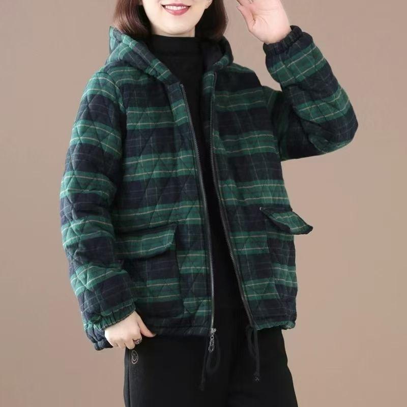 Ретро литература стеганые женские парки с капюшоном осень-зима клетчатые хлопковые куртки-стеганые повседневные свободные ветрозащитные пальто