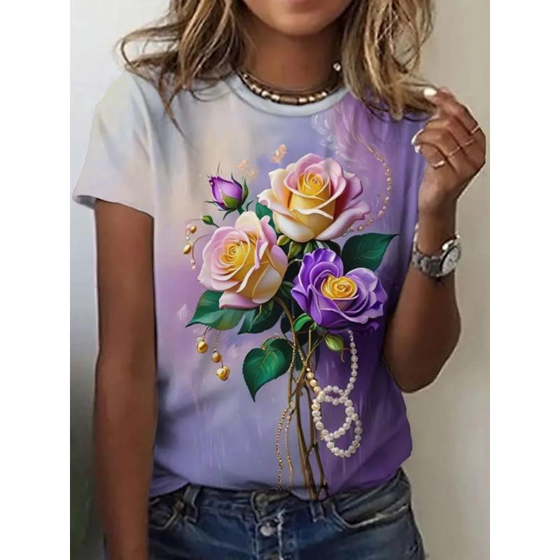 Модная женская футболка с круглым вырезом, 3D-печать цветов, короткий рукав