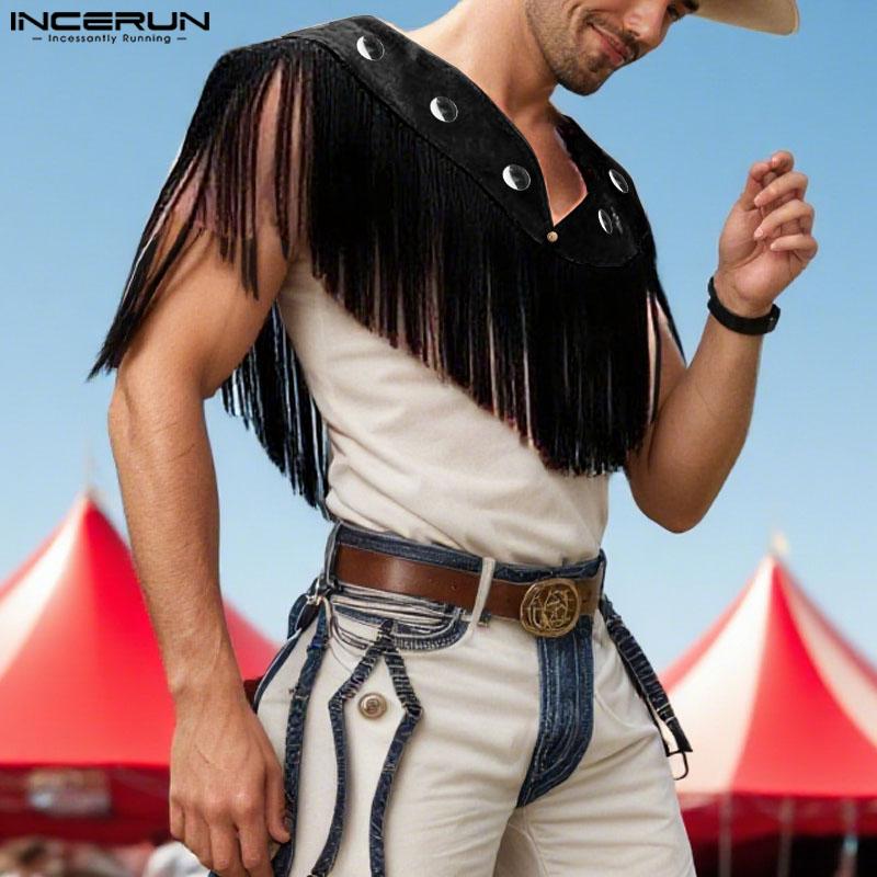 INCERUN Мужские топы с низким вырезом, декоративной строчкой и кисточками, модные укороченные плащи