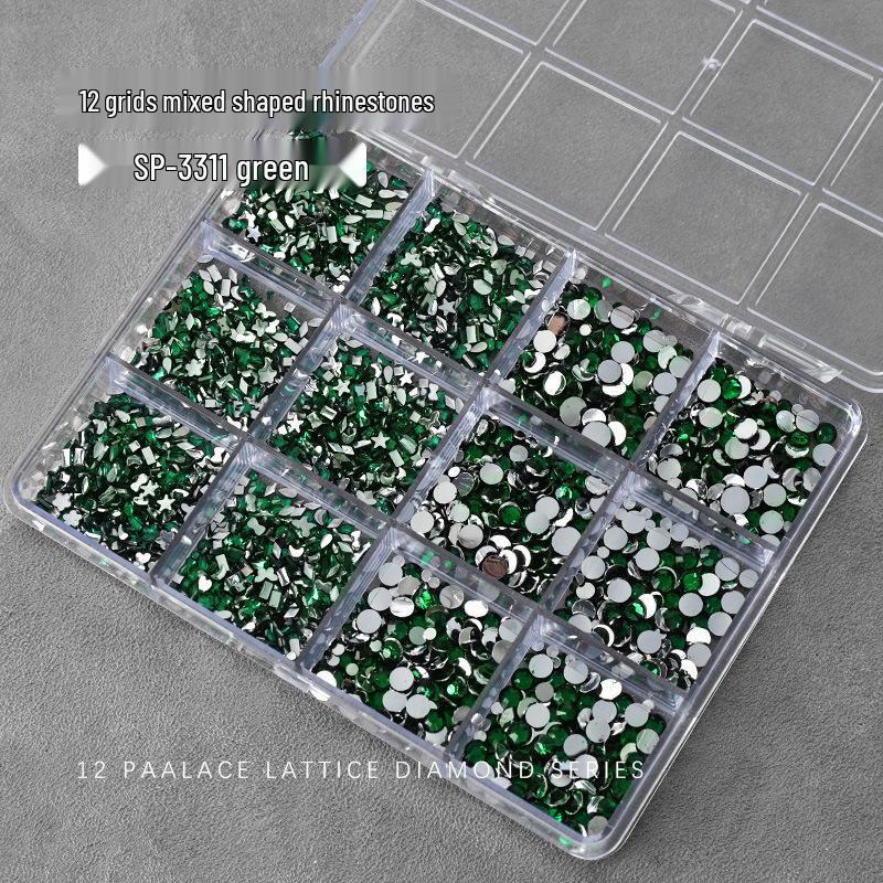 Nail Art Irregular Resin & Colored Rhinestones Set - Flatback, 12 Grids of Mixed Clear Diamonds