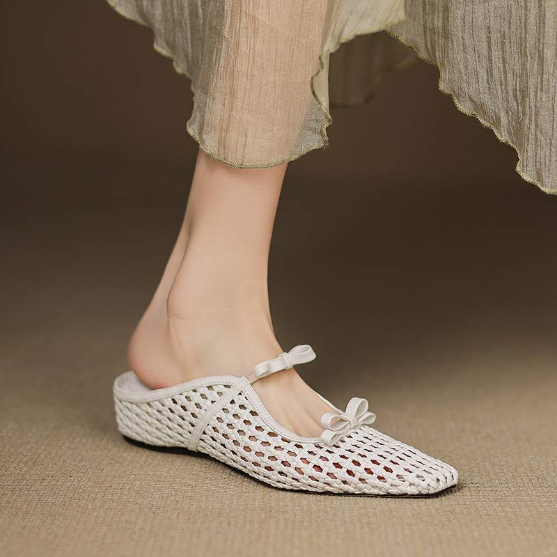 Krazing Pot Straw Weaving Mules Summer Size 42 Bowtie Gold Silver Color Thick Low Heels Women Women Square Toe Sandals
