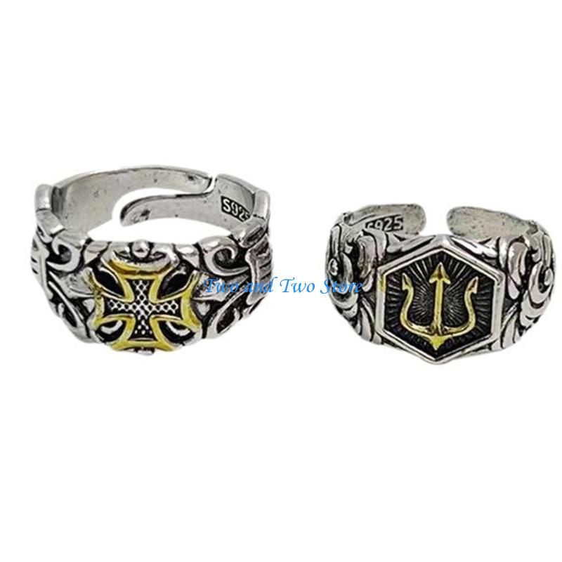 HX6F Poseidon Adjustable Rings Masculine Tridents Designs Alloy Gift For Him