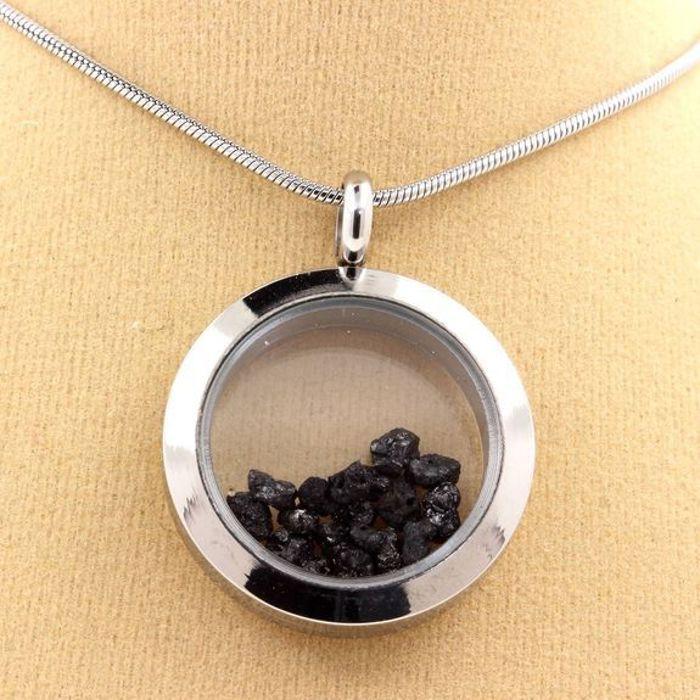 Stones and Minerals. Raw Black Diamond Necklace. 25 Mm Medallion Model. Color Silver.