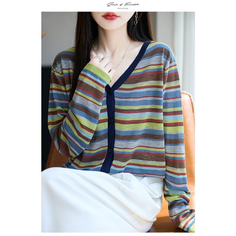 Women S Loose Fit V Neck Striped Long Sleeve Knit Cardigan