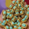 1Pc, Natural Stone Turquoise Aquamarine beads with hole, Boho handcrafted barrel-shaped beads accented with golden edges for Jewelry Making DIY