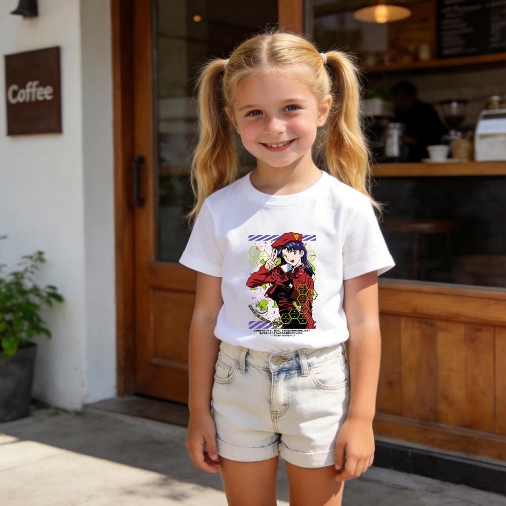 Evangelion Misato Anime Print Cotton T Shirt for Boys Girls Kids Summer Short Sleeve Top Soft Breathable Daily Wear