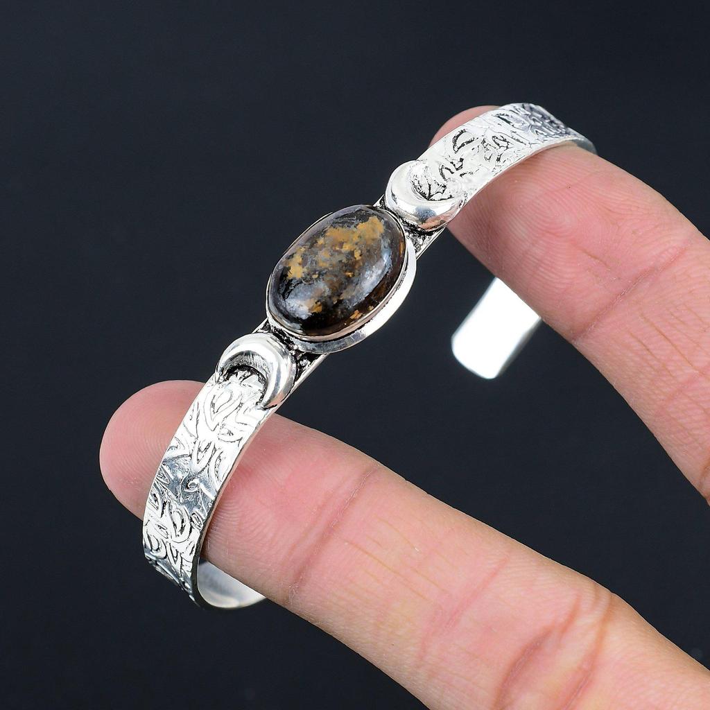 Halloween Deal Bronzite Stone Crescent Moon Artisan Bangle Bracelet 925 Silver