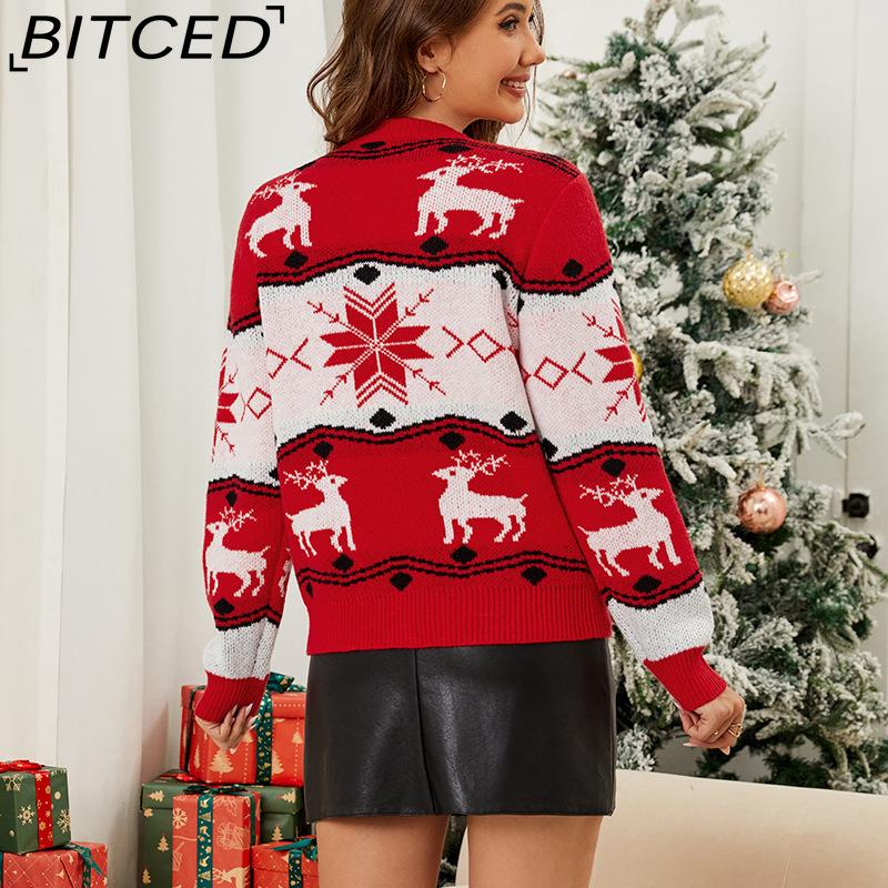 BITCED Autumn/Winter Christmas Reindeer Knit Jumper Christmas Red Sweater Jacquard Knit Top
