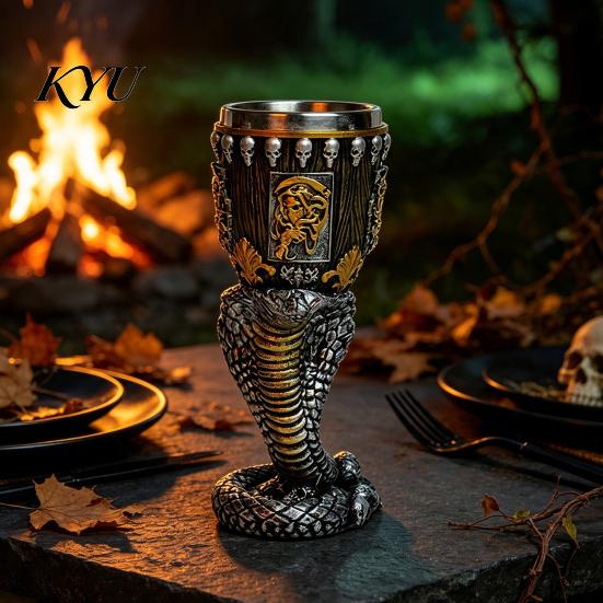 Retro Resin Drinking Chalice Horrible Stainless Steel Skull Goblet, Skeletal Wine Gothic Goblet Cocktail Glasses, Vintage Whiskey Cup for Halloween
