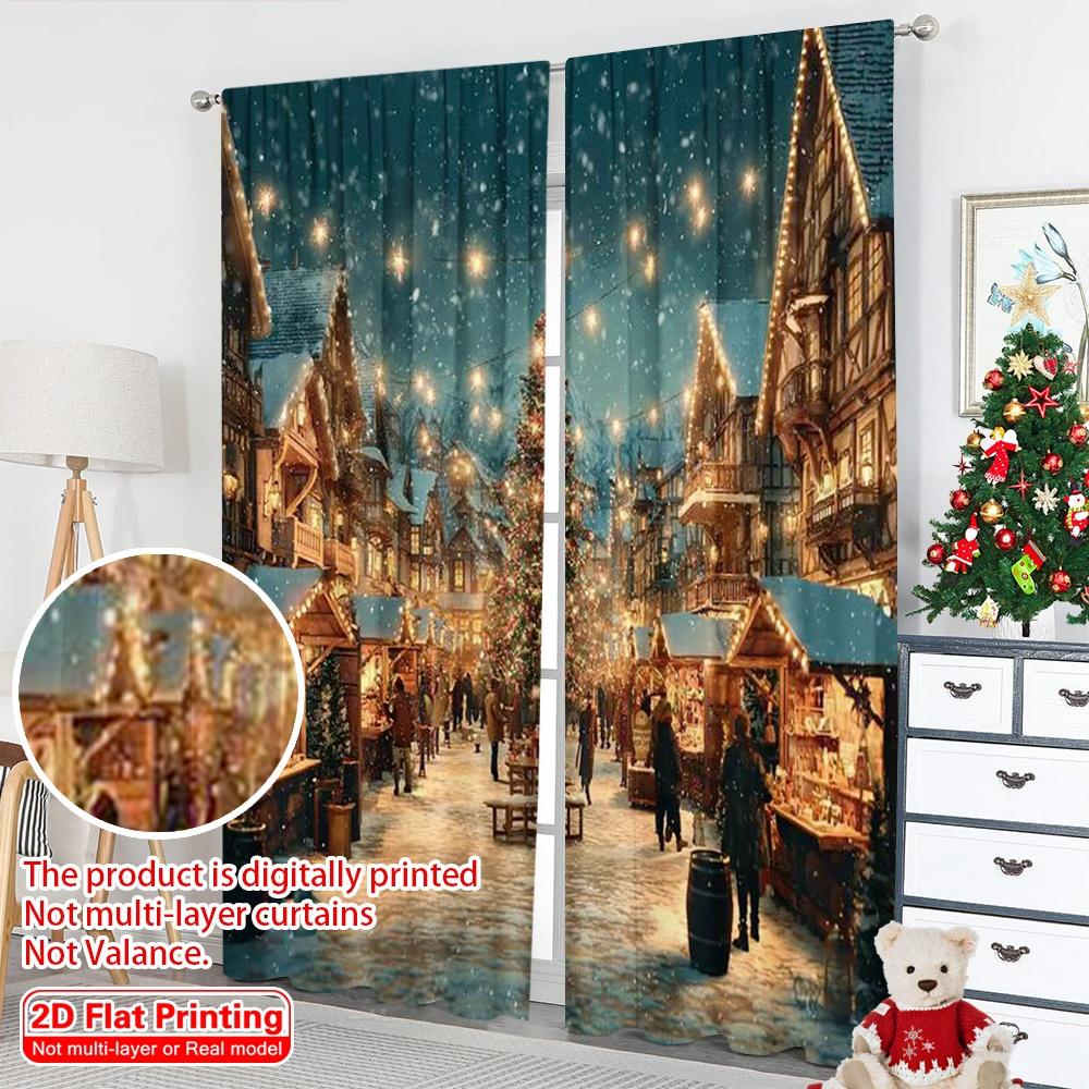 2pcs 2D flat printing Merry Christmas Curtain Christmas Market Night View Versatile Polyester Fabric Without Electricity Family