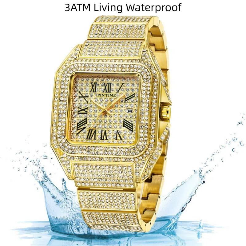 PINTIME Роскошные часы для мужчин, водонепроницаемые, кварцевые наручные часы с римским светящимся циферблатом и календарем, мужские часы