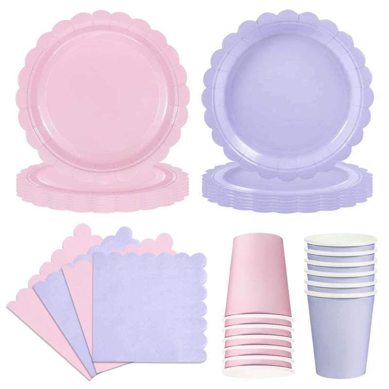 Birthday Party Tableware Set Pink Purple Disposable Paper Plates Napkins Cups Party Decor Wedding Baby Shower Party Supplies
