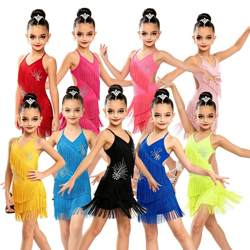 Girls Latin Dance Dress With Fringe Straps Cha Rumba Performance Stage Competition