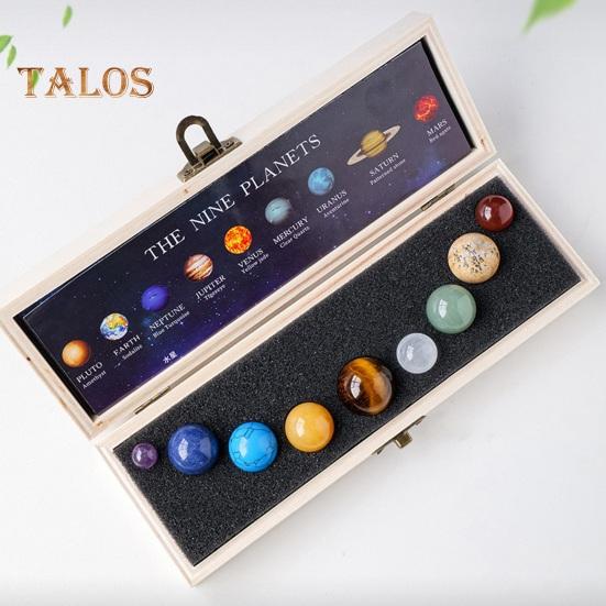 Faux Crystal 9 Planets Ball Solar Sun System Rock with Wooden Box Realistic Looking Quartz Stones Beads Desktop