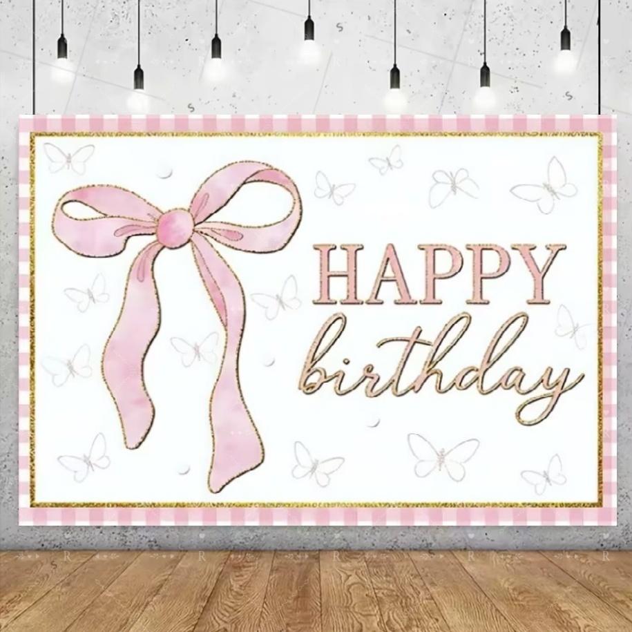 Pink Bow Theme Birthday Party Decoration Banner Girl Butterfly Bow Balloon Flowers Background Baby Shower Photo Supplies Gifts