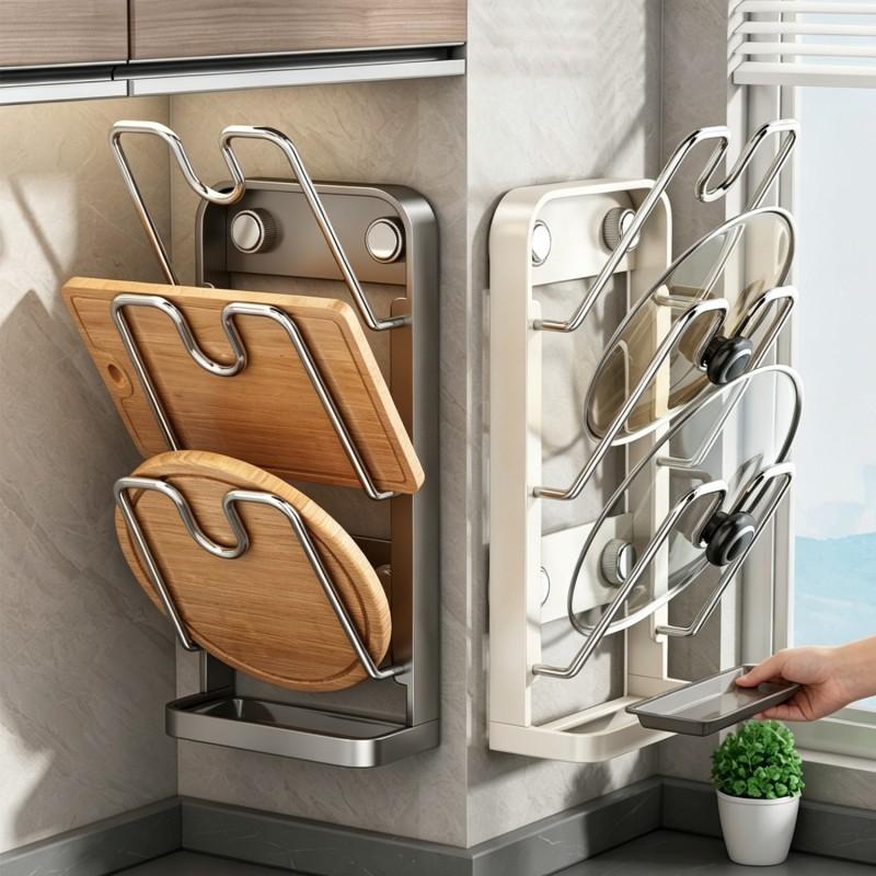 Wall-Mounted Rack Kitchen - Non-Drill Multi-Tier Pot Lid Cutting Board Organizer In Aluminum Modern Minimalist Design