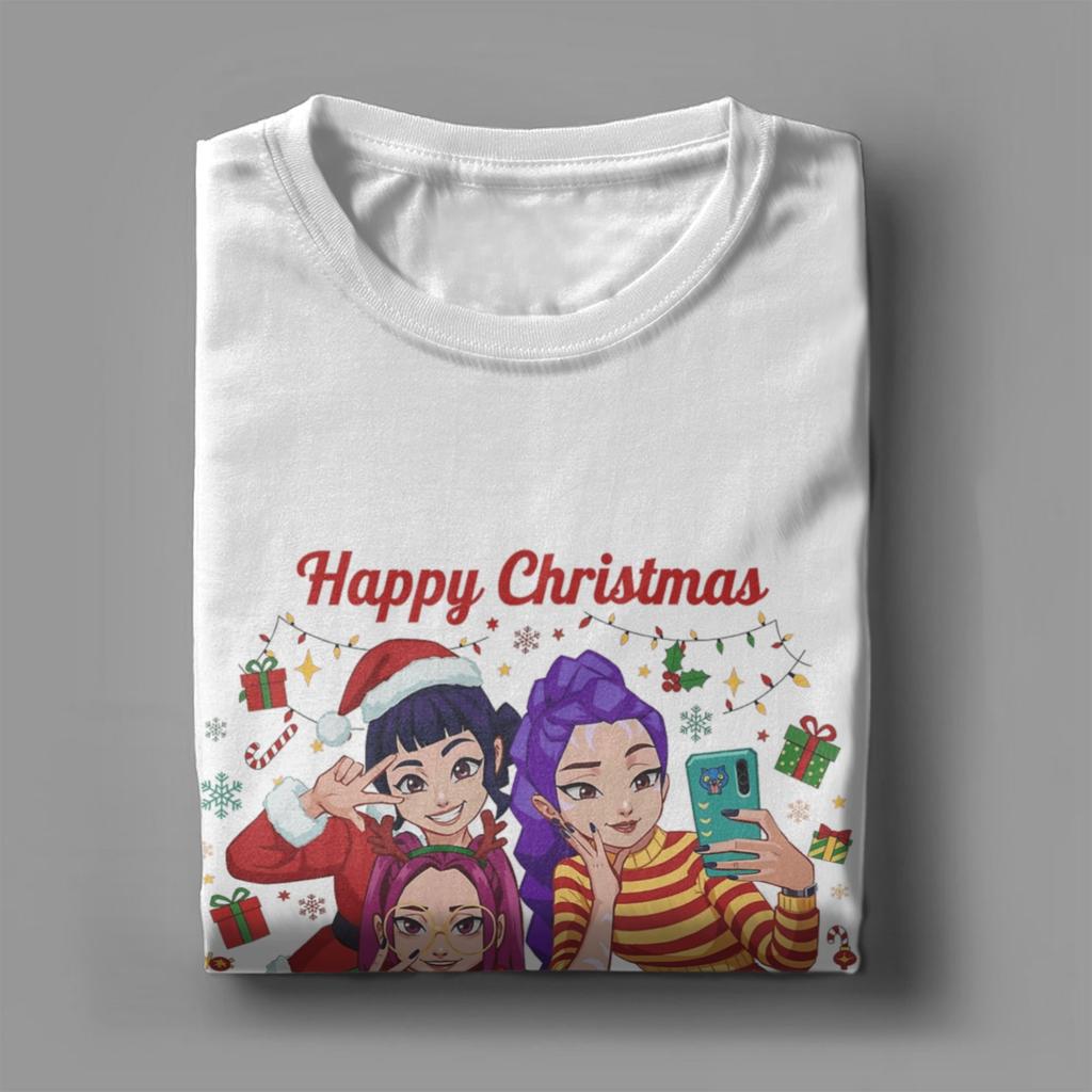 Men's T-Shirt Kpop Demon Hunters Huntrix Merry Christmas Vintage Cotton Tee Shirt Short Sleeve  T Shirt Crewneck Tops Summer