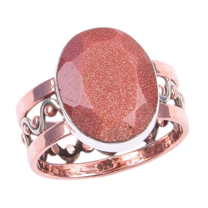 Натуральный Солнечный камень Драгоценный камень Ручной работы Серебро 925 пробы Двухцветное кольцо Размер 9 p4W08