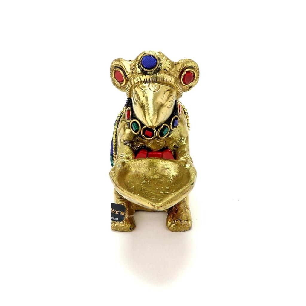 Latest Gemstone Work Brass Ganesha Mouse Holding Oil Lamp Diya, Standard, Pack of 1