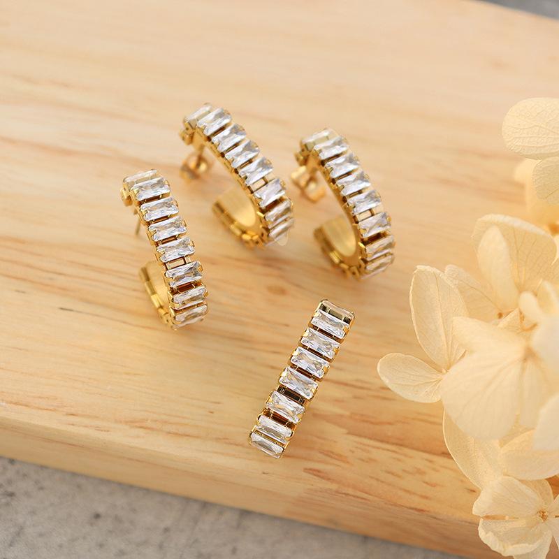 Fashion Hypoallergenic Jewelry 18K Gold Plated Stainless Steel Iced Out Cubic Zirconia Tennis Stud Earrings YF2616