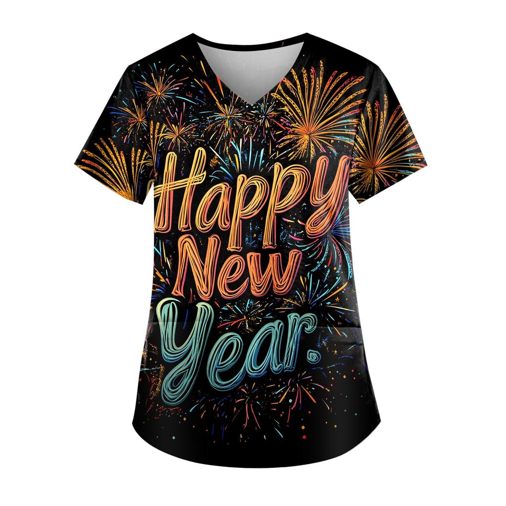 Женская модная новогодняя футболка с короткими рукавами, V-образным вырезом и маленьким карманом