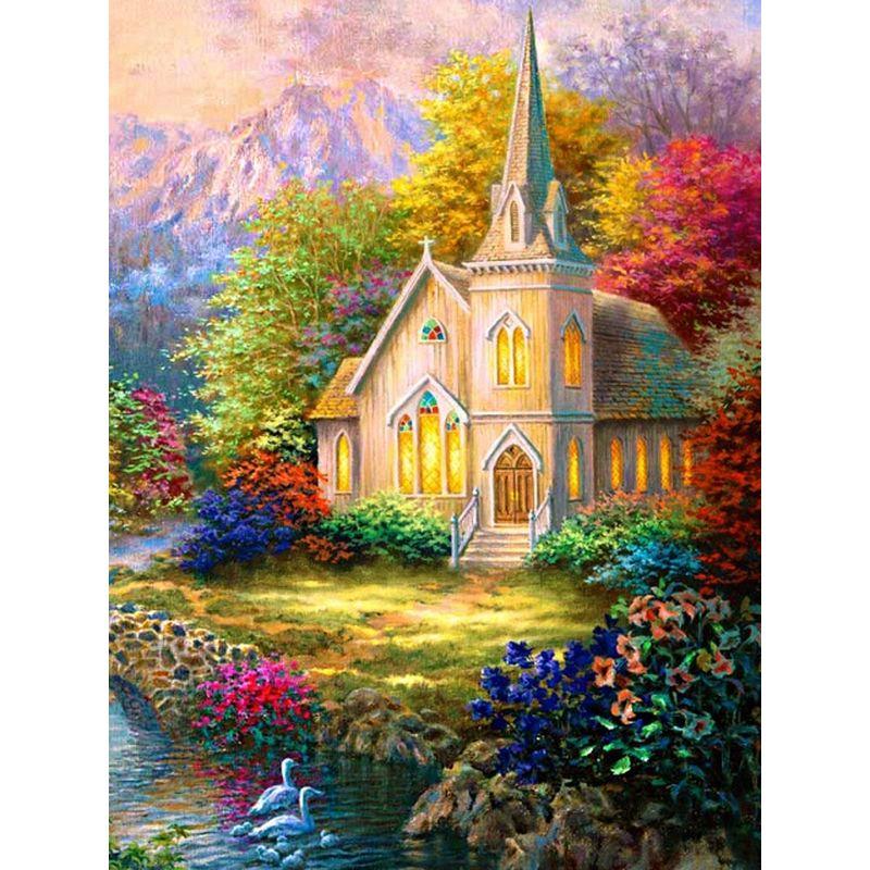 Diamond Rhinestones 5d Round Painting Forest House Scenery Diamond Embroidery Cross Stitch Mosaic Landscape
