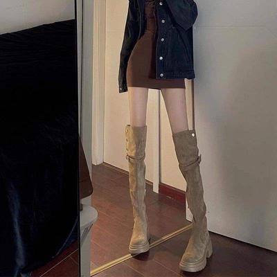 Maillard двухсторонние замшевые сапоги с отворотом женские 2025 осень и зима новые маленький толстый каблук толстая подошва до колена рыцарские сапоги