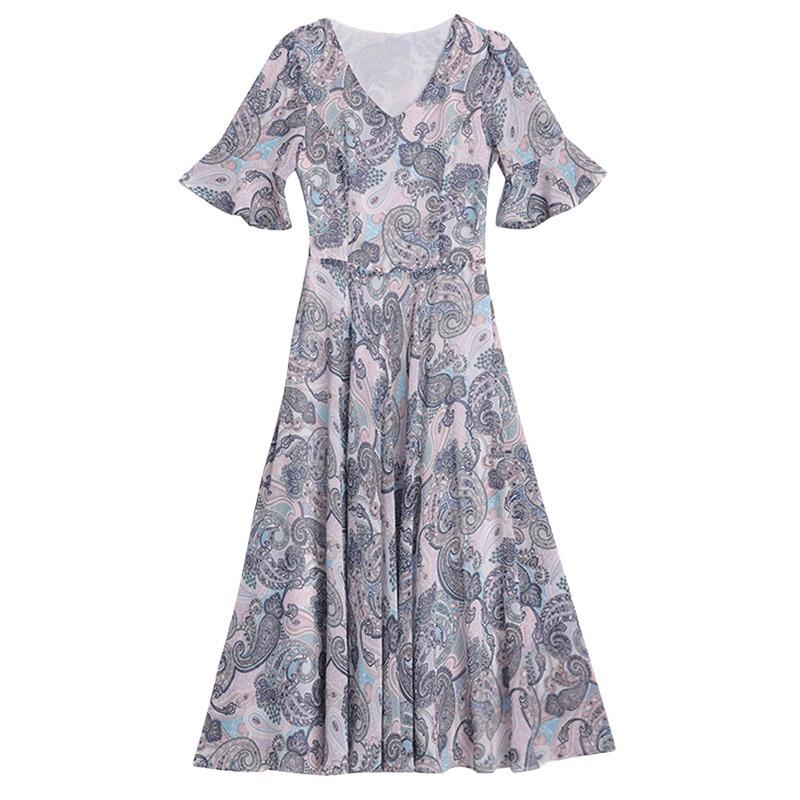 Цветочное платье из ледяного шелка летний наряд сладкий новый большой размер облегающий и стройнящий стиль и омолаживающая длинная юбка