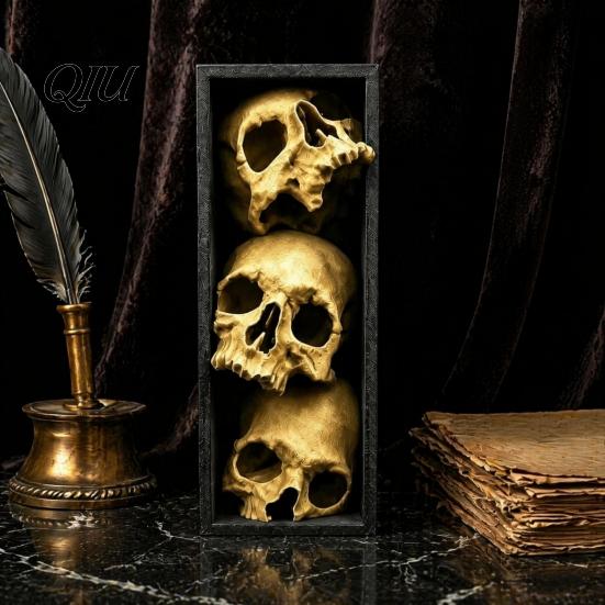 Скелетная закладка для книг, Уголок с черепами, Готическая вставка-череп для книжной полки, 3-уровневая скульптура, Акцент для полки в стиле Dark Academia с черной рамкой, Жуткая