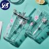 Дорожная стеклянная кофейная кружка Cherry Blossom, уличная термостойкая чашка с нескользящей крышкой, прозрачная чашка для завтрака с молоком