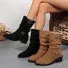 Women's Faux Suede Cowboy Boots Cowgirl Western Boots Round Toe Mid Calf Ankle Booties Shoes for Women Chunky Block Heel Slip On Walking Short Boots