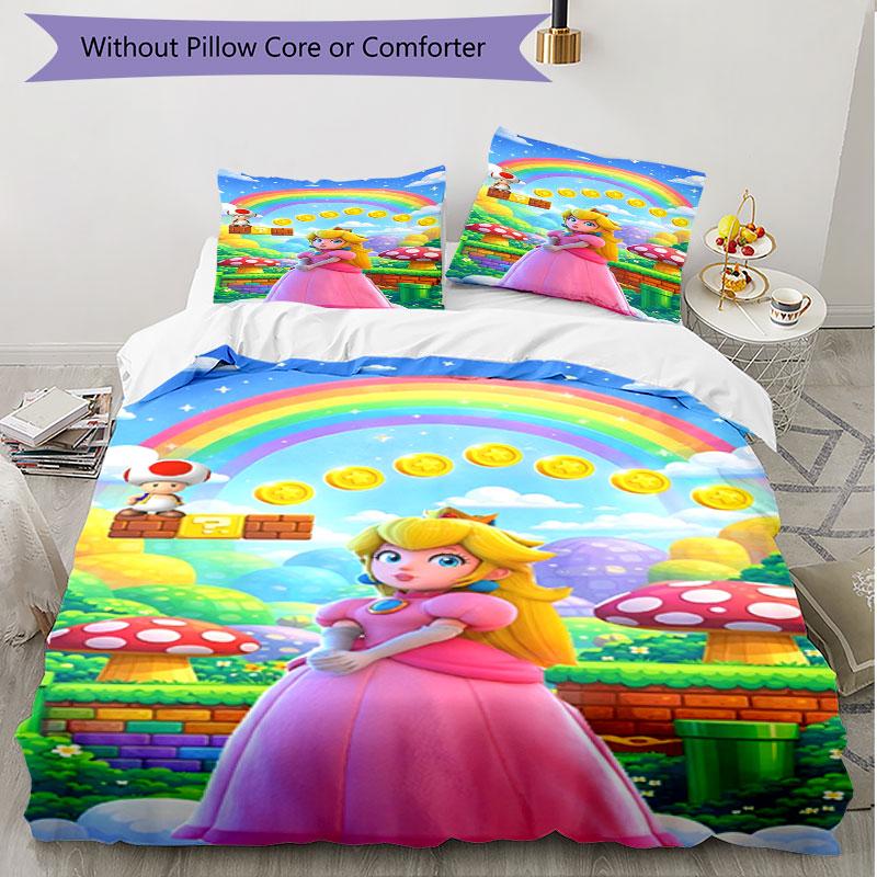 3pcs Duvet Cover Set (1*Duvet Cover + 2*Pillowcase, Without Core), Princess Peach Toadstool Print Soft All‑Season Bedding Set, Home Bedroom Decor Gift