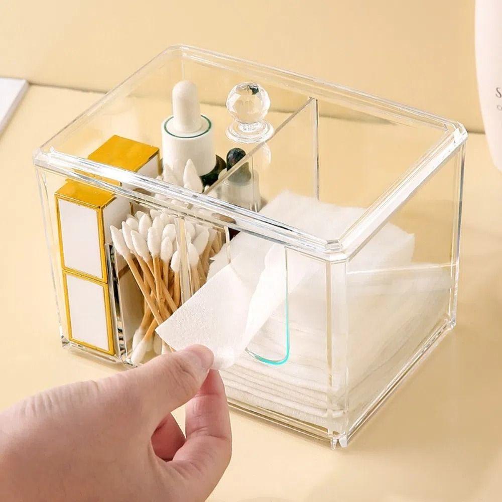 Clear Makeup Divided Box Acrylic Cosmetic Stand Tampon Organizer Dispenser  Bathroom