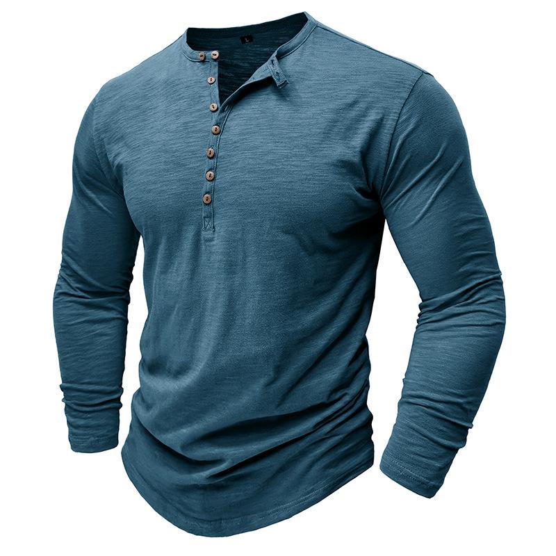 Mens 100 Cotton Slub Long Sleeve Henley Casual T Shirt