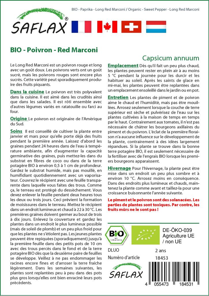 SAFLAX Garden in the Bag - Органический - Перец сладкий - Маркони длинный красный - 20 семян - С субстратом в подходящем пакете-стойке - Capsicum annuum