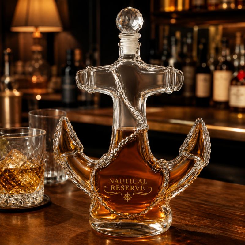 Nautical Anchor Glass Decanter Bottle Clear Spirit Wine Carafe For Whiskey Brandy Rum,Creative Maritime Home Bar Cabinet Display