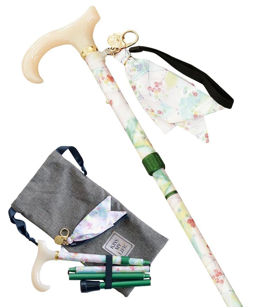 Folding Walking Misuzu Uta x KISS MY LIFE Kaneko no Embroidered Pouch Included Stick, Lightweight, Women's, Collaboration, Misuzu's "Konpeito Yume"