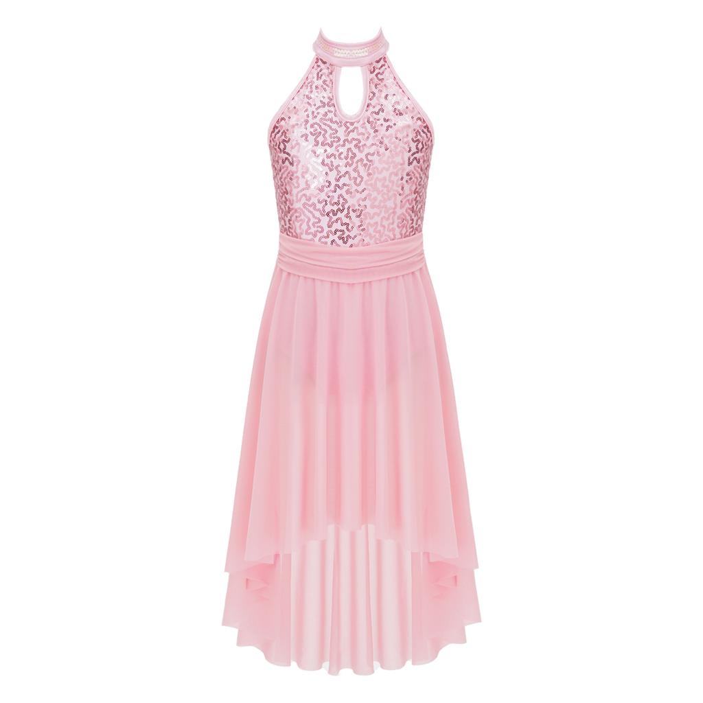 Танцевальное платье для девочек без рукавов с открытой спиной, круглым вырезом, блестящими пайетками, неровным подолом, дизайном вуали