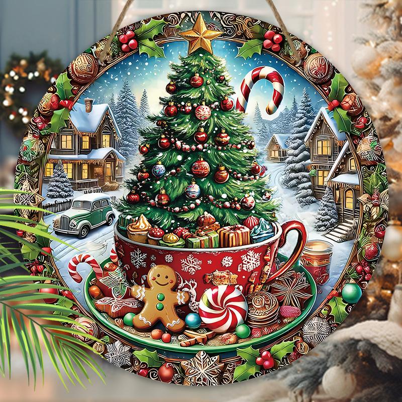 Wooden Christmas Sign with Hot Cocoa Theme - Navidad Round Sign for Front Door Wall Hanging Decor - Ideal Christmas Ornament