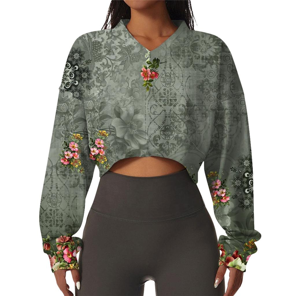 Женская повседневная модная сексуальная удобная спортивная толстовка с V-образным вырезом и длинным рукавом с цветочным принтом