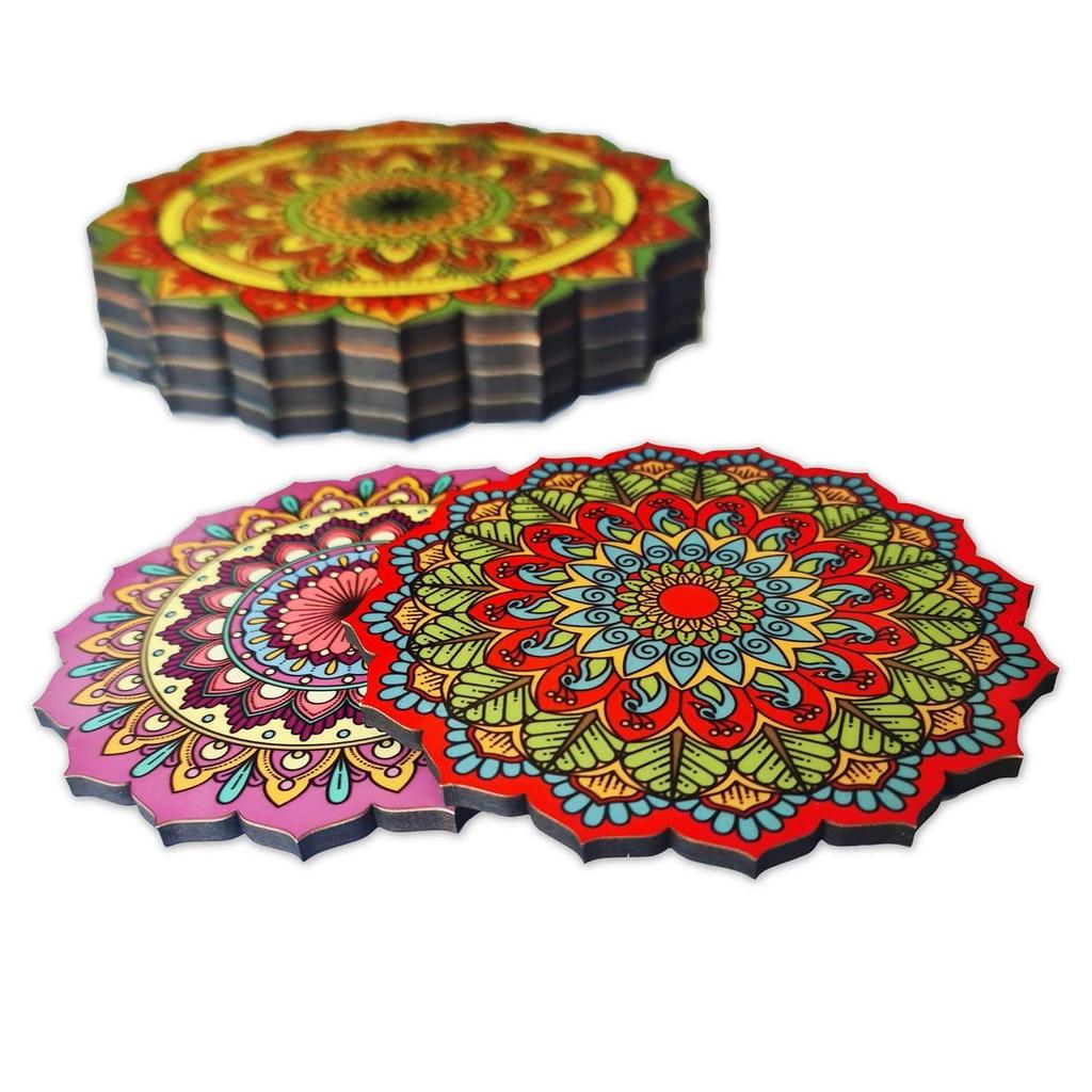 Набор из 6 сосновых подставок с мандалой диаметром 4 дюйма, уникальный дизайн ручной работы в форме цветка диаметром 10 см