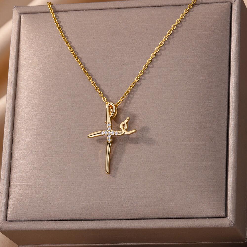 316L Stainless Steel Zircon Jesus Cross Pendant Necklaces For Women Hip Hop Gold Color Cross Necklace Party Jewelry Gift