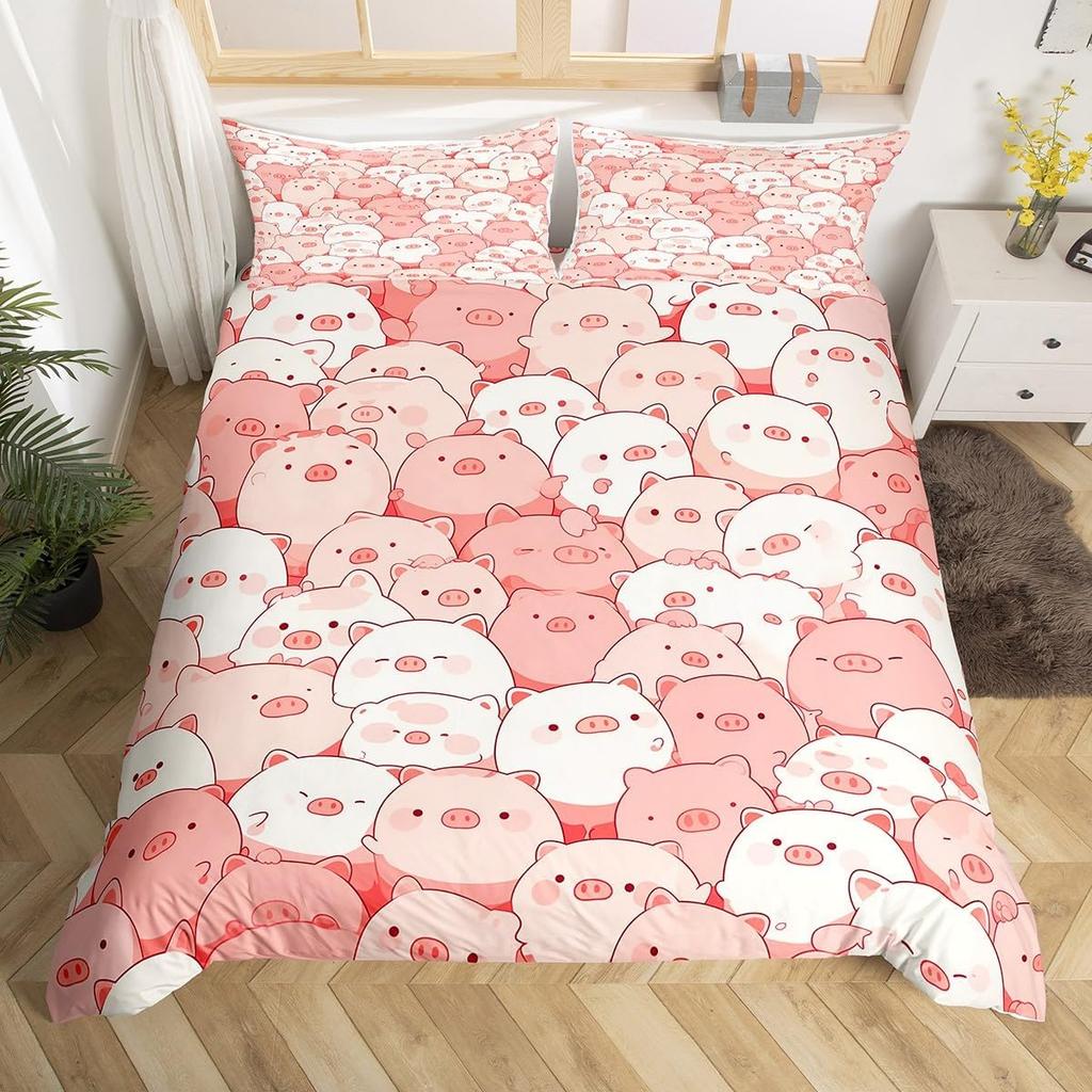 Pink Pig Duvet Cover For Girls Kawaii Room Decor Twin, Rose Floral Leaves Comforter Cover Cute Farm Animal Cartoon Bedding Set