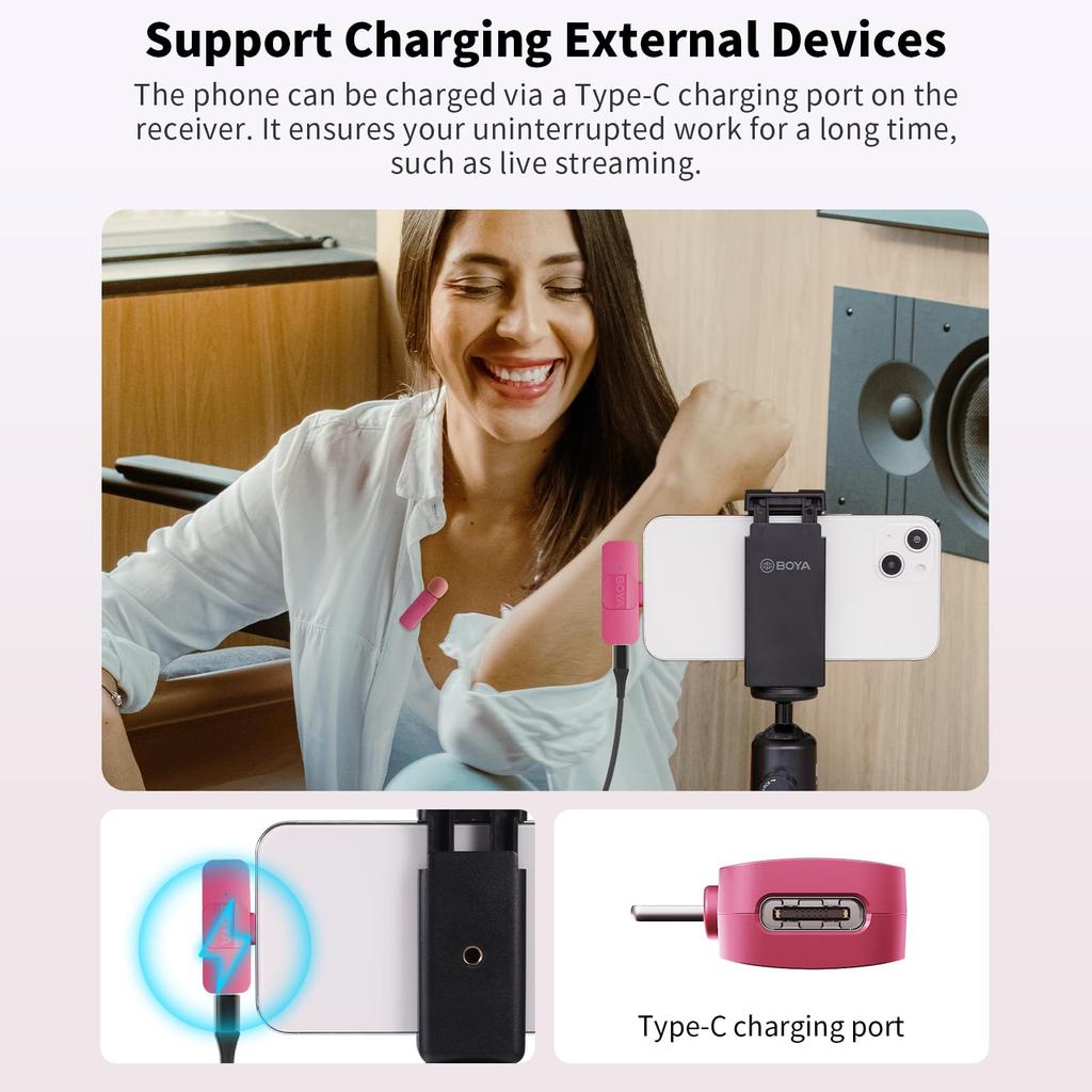 BOYA Wireless Lavalier Microphone, Omnidirectional, External Mini Lapel Microphone for iPhone, iPad, and Android Phones, Lightning USB-C (Pink, USB-C