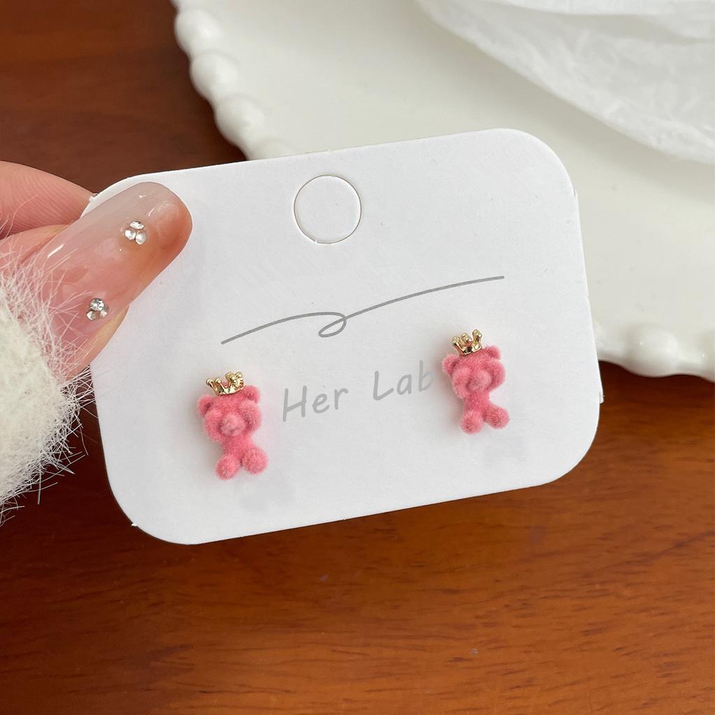 Милые серьги с короной, флокированные серьги с медведем, комплект серебряных игл, новые милые детские серьги с персиковым сердцем, универсальные серьги