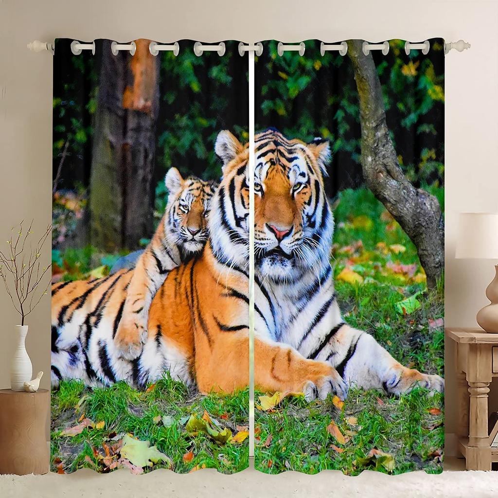 Cute Tiger Blackout Curtains Kawaii Wild Animal Drapes for Children Boys Girls Bedroom Living Room Print Window Dreapes 2 Panels