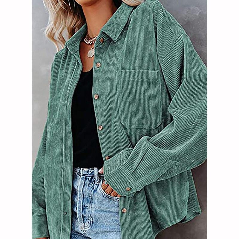 Хлопковая Повседневная вельветовая блузка женская в полоску размера плюс женская рубашка-куртка винтажная пуговица с карманом свободные модные блузки топы 17787